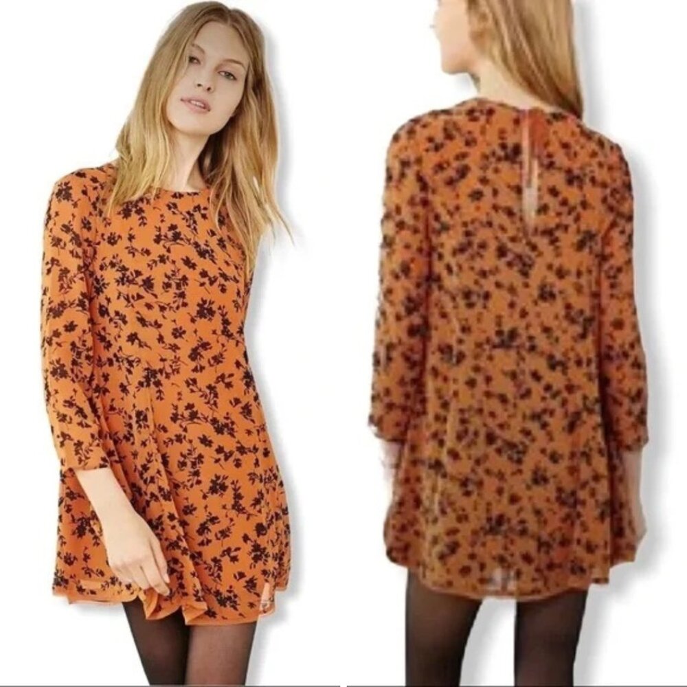 KIMCHI BLUE | Rust Orange Long Sleeve Floral Above the Knee Shift Dress | Size S
